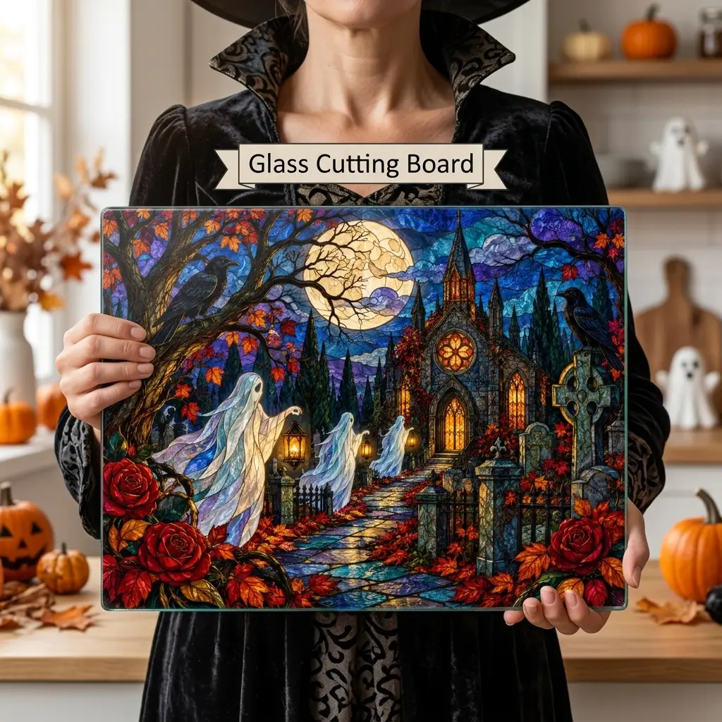 Halloween Ghost Personalized Glass Cutting Board, Haunted Graveyard Kitchen Decor