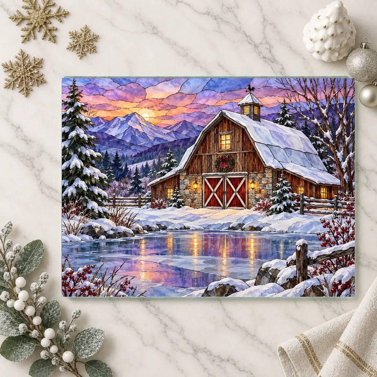 Evergreen Winter Barn Glass Cutting Board, Country Farmhouse Kitchen Decor, Snowy Mountain Barn Christmas Gift