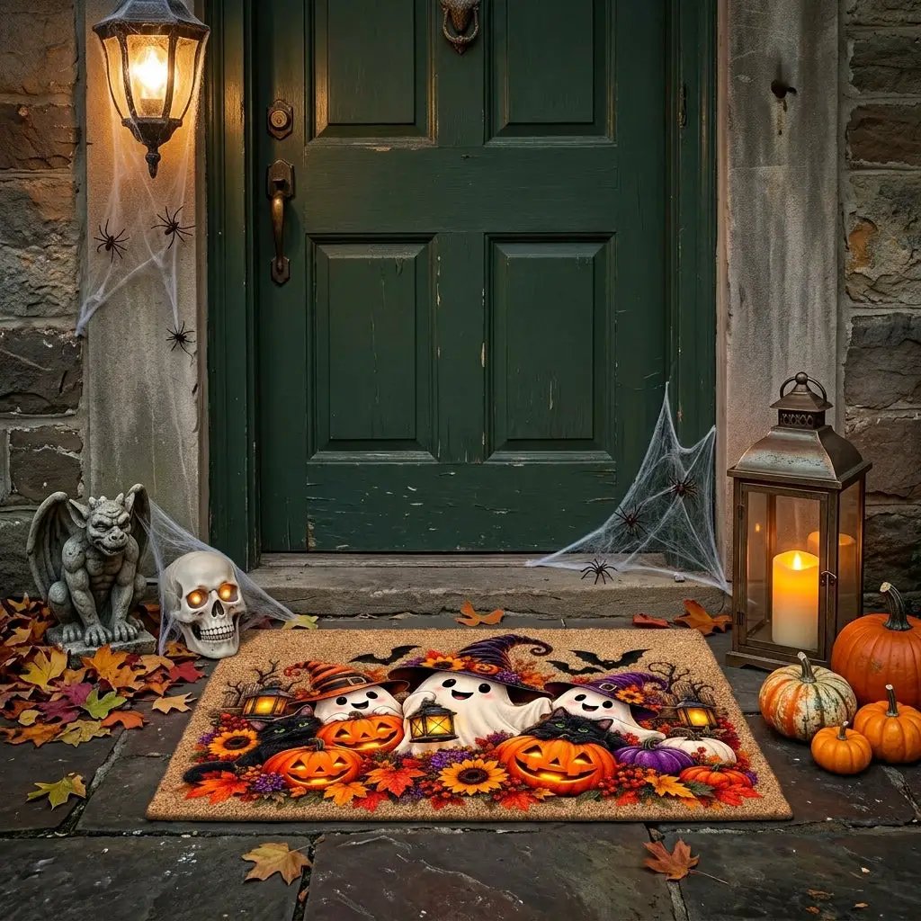 Halloween Ghost Doormat, Black Cat & Pumpkin Coir Mat, Cute Spooky Welcome Mat, Witch Ghost Fall Porch Decor, Halloween Door Mat