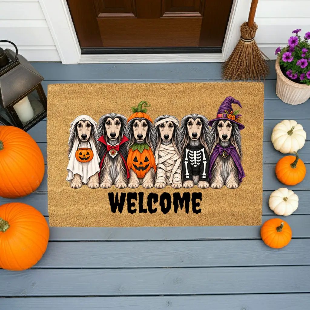 Dog Breed Personalized Halloween Costume Doormat, Custom Dog Welcome Mat, Halloween Coir Doormat, Family Name Dog Lover Gift