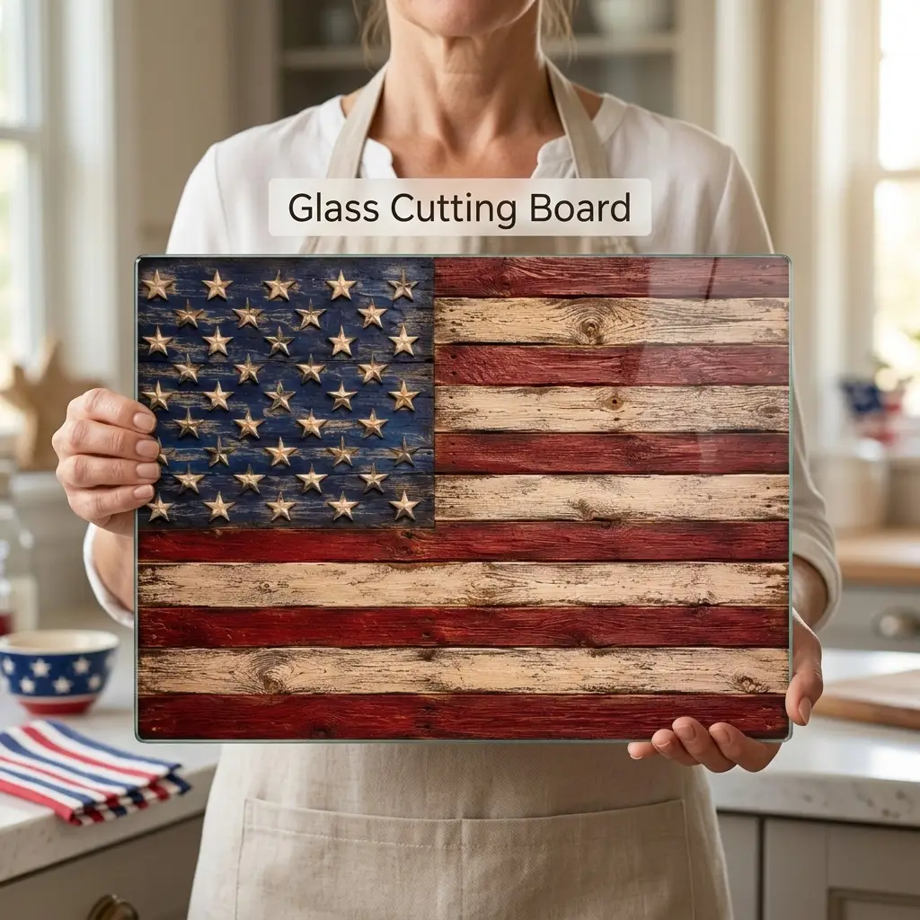 Rustic American Flag Cutting Board, Patriotic Glass Cutting Board, Farmhouse Kitchen Decor, Americana Gift, Vintage USA Flag Decor