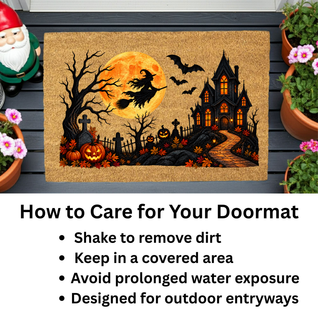 Halloween Witch Doormat, Haunted House Coir Welcome Mat, Spooky Graveyard Porch Decor, Full Moon Halloween Door Mat, Fall Entryway Decor