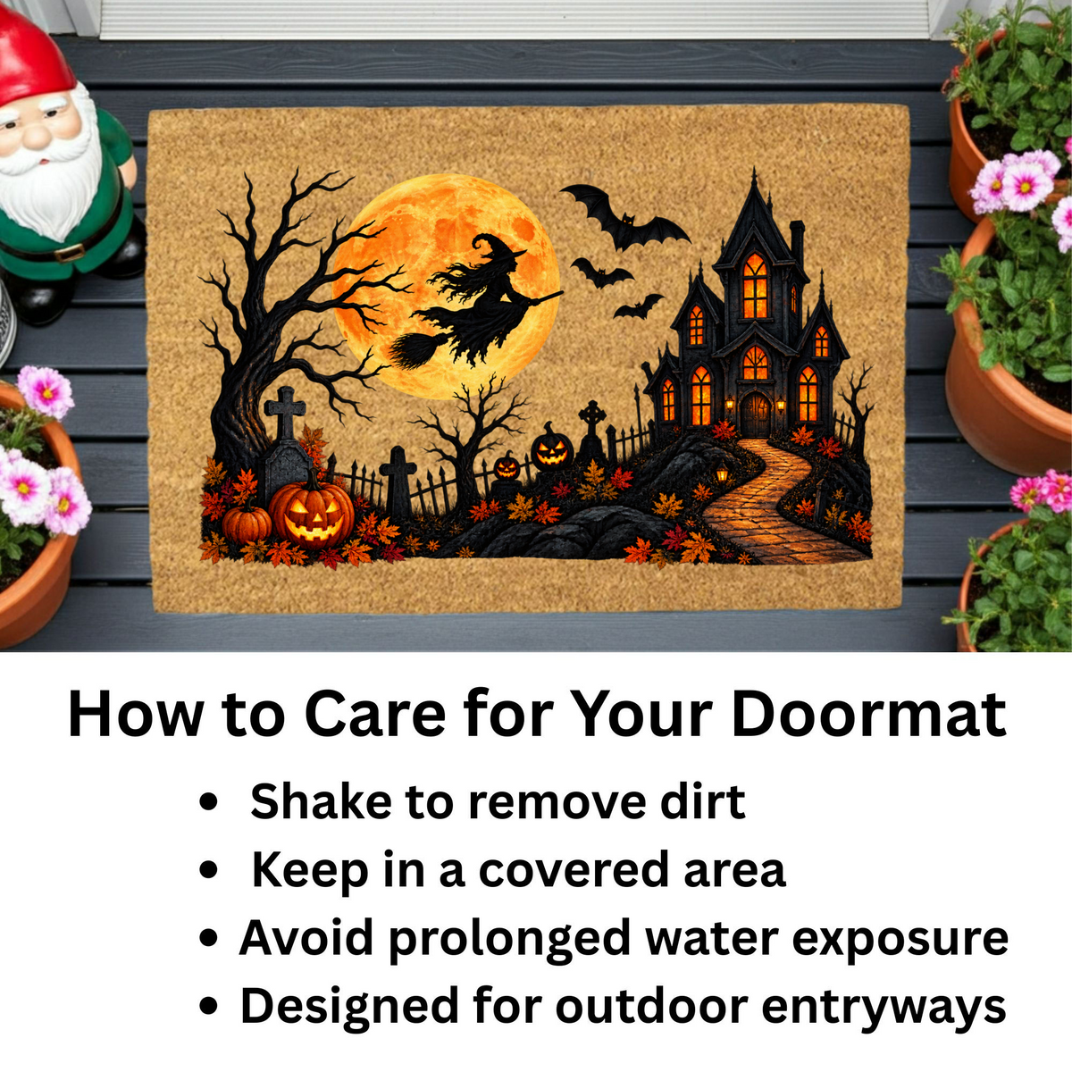Halloween Witch Doormat, Haunted House Coir Welcome Mat, Spooky Graveyard Porch Decor, Full Moon Halloween Door Mat, Fall Entryway Decor