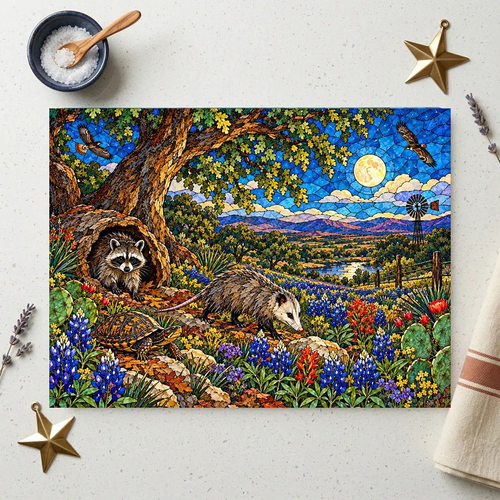Raccoon and Possum Glass Cutting Board, Texas Wildlife Kitchen Decor, Opossum Raccoon Gift, Bluebonnet Country Cutting Board