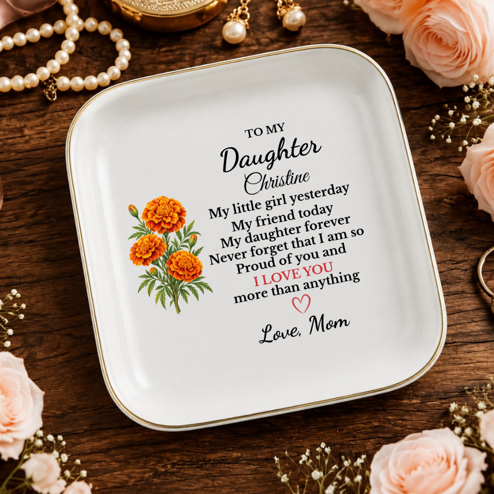 Personalized Daughter Birth Flower Jewelry Dish, Custom Name Trinket Tray, Sentimental Gift from Mom, Birthday Gift for Adult Daughter