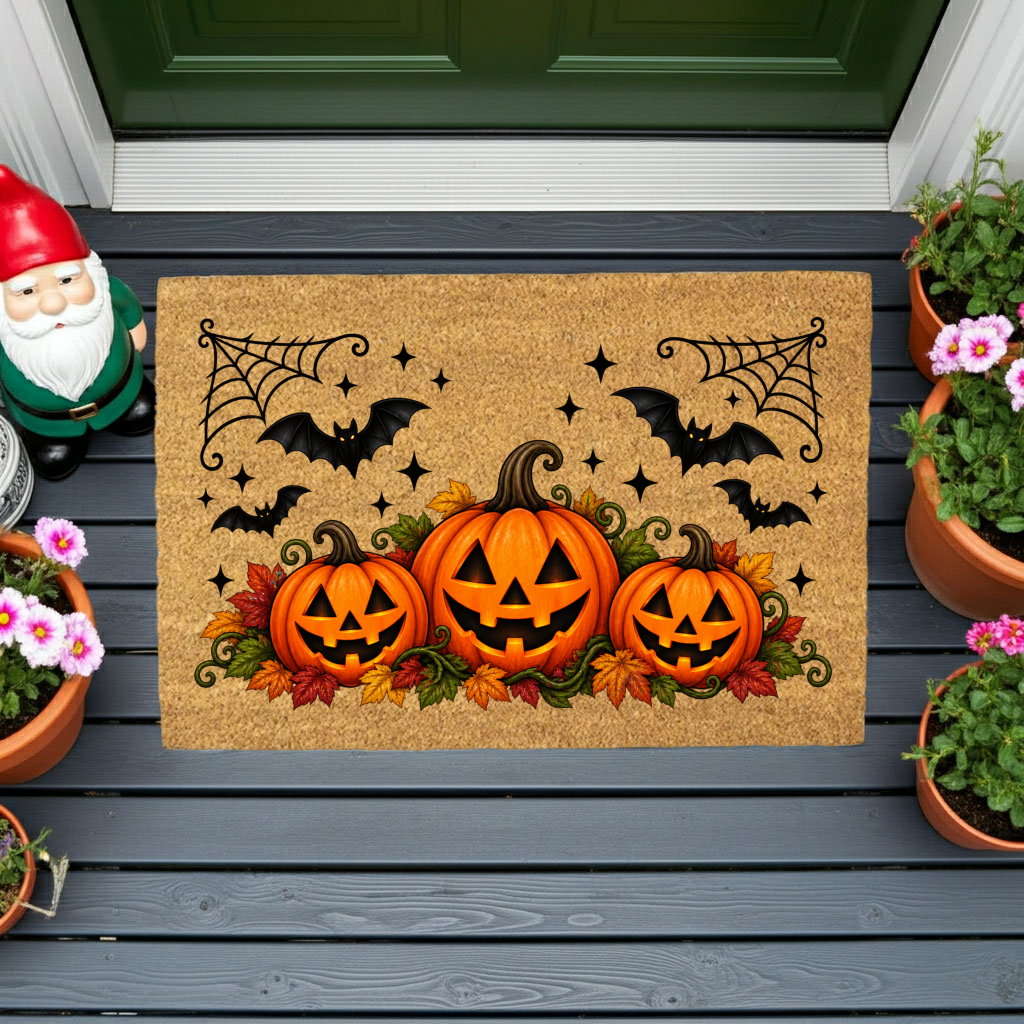 Halloween Pumpkin Doormat, Jack O Lantern Coir Welcome Mat, Fall Front Porch Decor, Spooky Bat Door Mat, Autumn Halloween Entryway