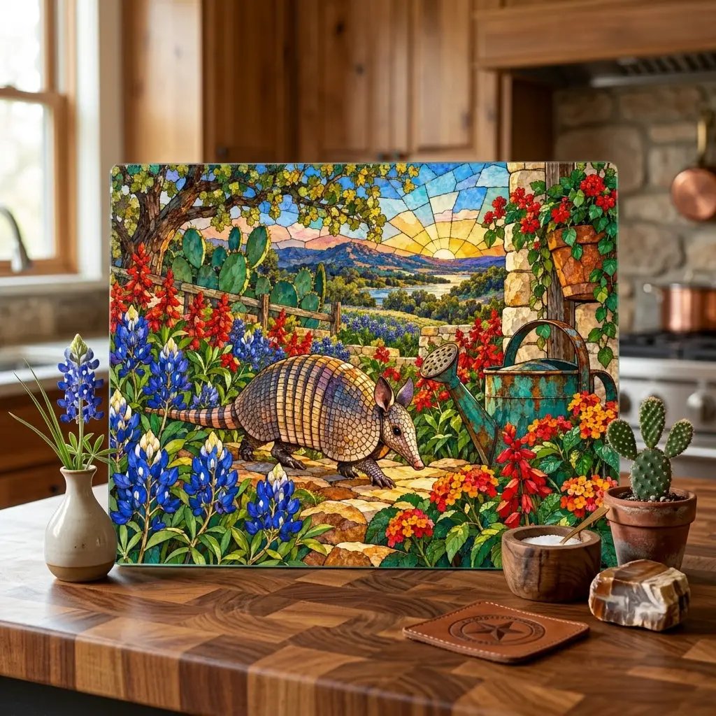 Texas Armadillo Glass Cutting Board, Stained Glass Bluebonnet Kitchen Decor, Colorful Lone Star State Gift