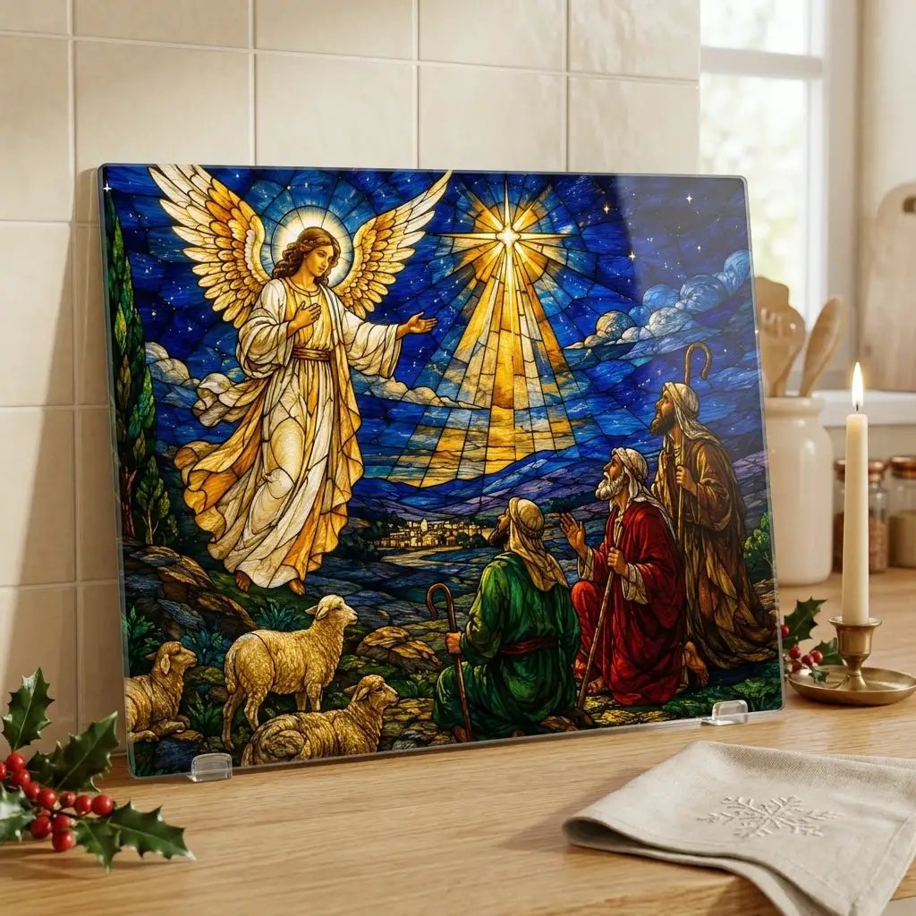 Angel and Shepherds Glass Cutting Board, Christian Christmas Gift, Nativity Kitchen Decor, Religious Christmas Decor, Stained Glass Art