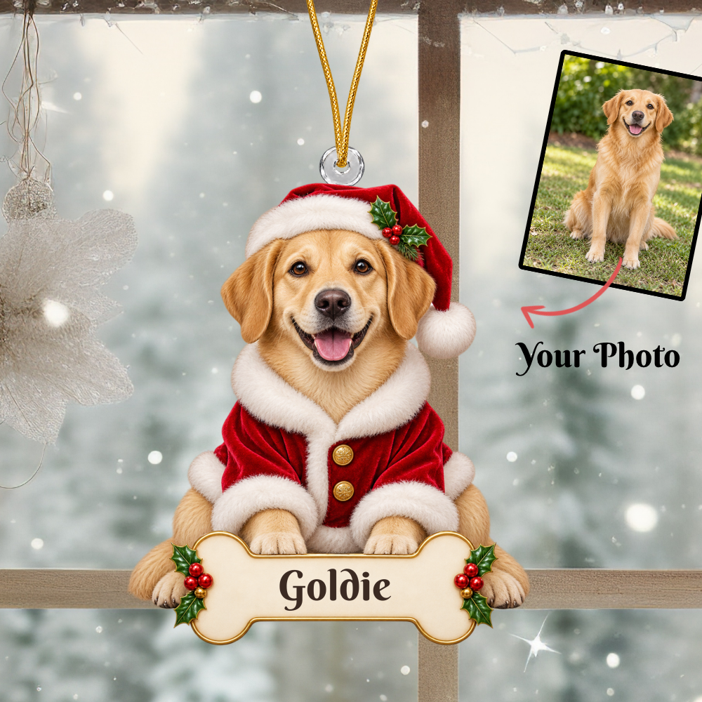 Personalized Santa Dog Christmas Ornament from Photo, Custom Pet Portrait Acrylic Ornament, Dog Lover Gift, Custom Name Keepsake