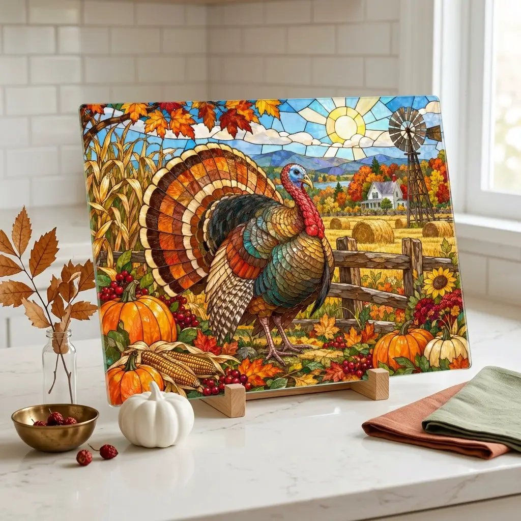 Thanksgiving Turkey Glass Cutting Board, Farmhouse Fall Kitchen Decor, Country Harvest Turkey Cutting Board, Autumn Kitchen Gift