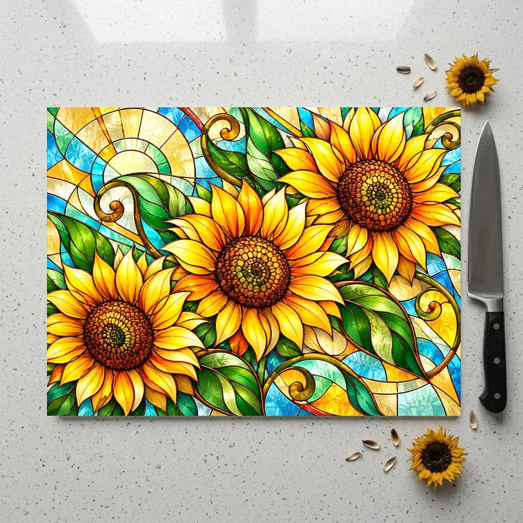 Sunflower Glass Cutting Board, Farmhouse Kitchen Decor, Country Sunflower Chopping Board, Stained Glass Floral Gift, Housewarming Gift