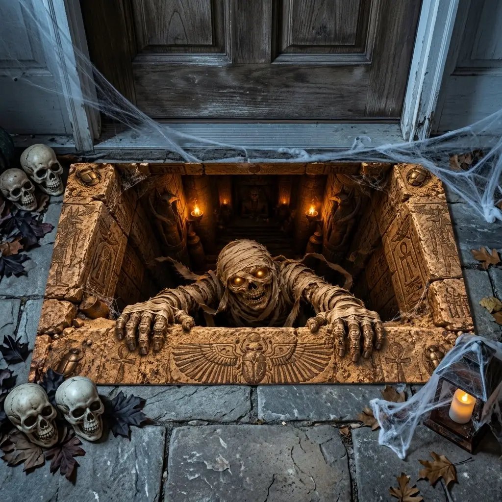 Mummy Halloween Doormat, 3D Egyptian Tomb Optical Illusion Mat, Creepy Mummy Door Mat, Haunted Halloween Porch Decor