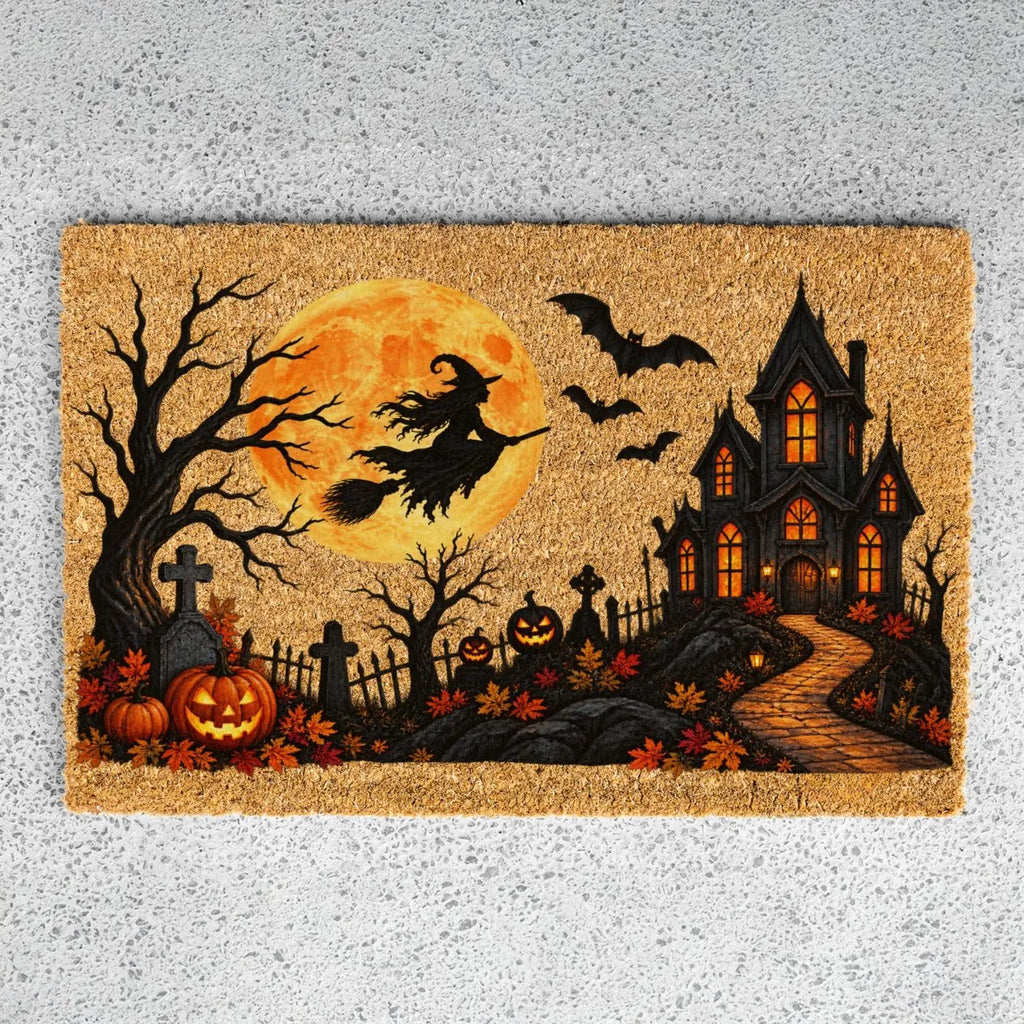 Halloween Witch Doormat, Haunted House Coir Welcome Mat, Spooky Graveyard Porch Decor, Full Moon Halloween Door Mat, Fall Entryway Decor