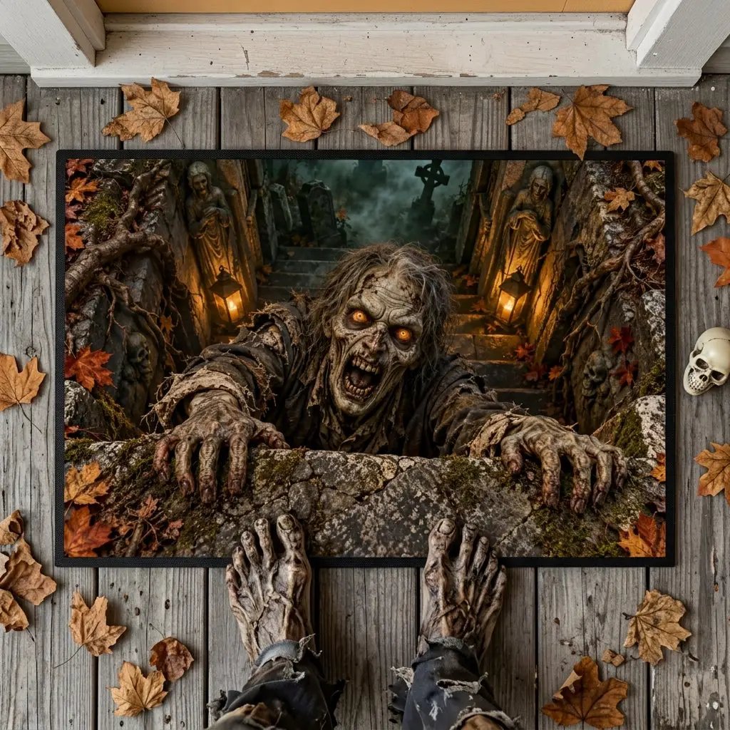 Zombie 3D Illusion Doormat, Graveyard Halloween Door Mat, Undead Zombie Welcome Mat, Haunted Crypt Optical Illusion, Spooky Porch Decor