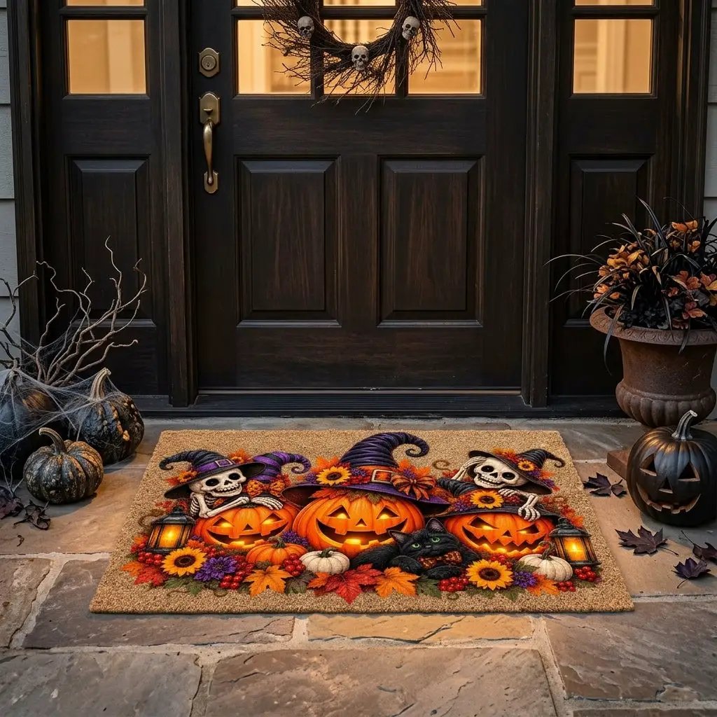 Halloween Skeleton Doormat, Jack O Lantern Coir Mat, Skeleton & Black Cat Welcome Mat, Spooky Fall Porch Decor, Halloween Door Mat