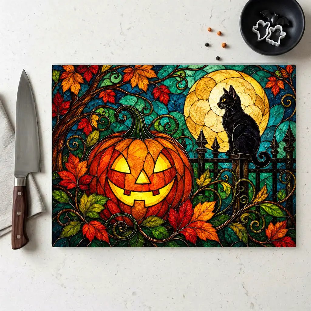 Halloween Black Cat and Jack-O-Lantern Personalized Glass Cutting Board, Spooky Pumpkin Kitchen Decor