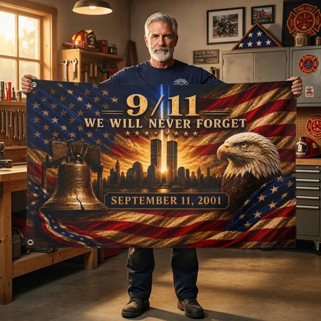 9/11 Never Forget Flag, September 11 Memorial Flag, Double Sided Grommet 911 Remembrance Flag, Patriotic Eagle Liberty Bell Decor