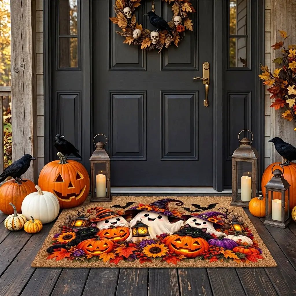 Halloween Ghost Doormat, Black Cat & Pumpkin Coir Mat, Cute Spooky Welcome Mat, Witch Ghost Fall Porch Decor, Halloween Door Mat