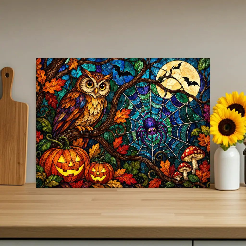 Halloween Owl Personalized Glass Cutting Board, Spooky Spider Kitchen Decor