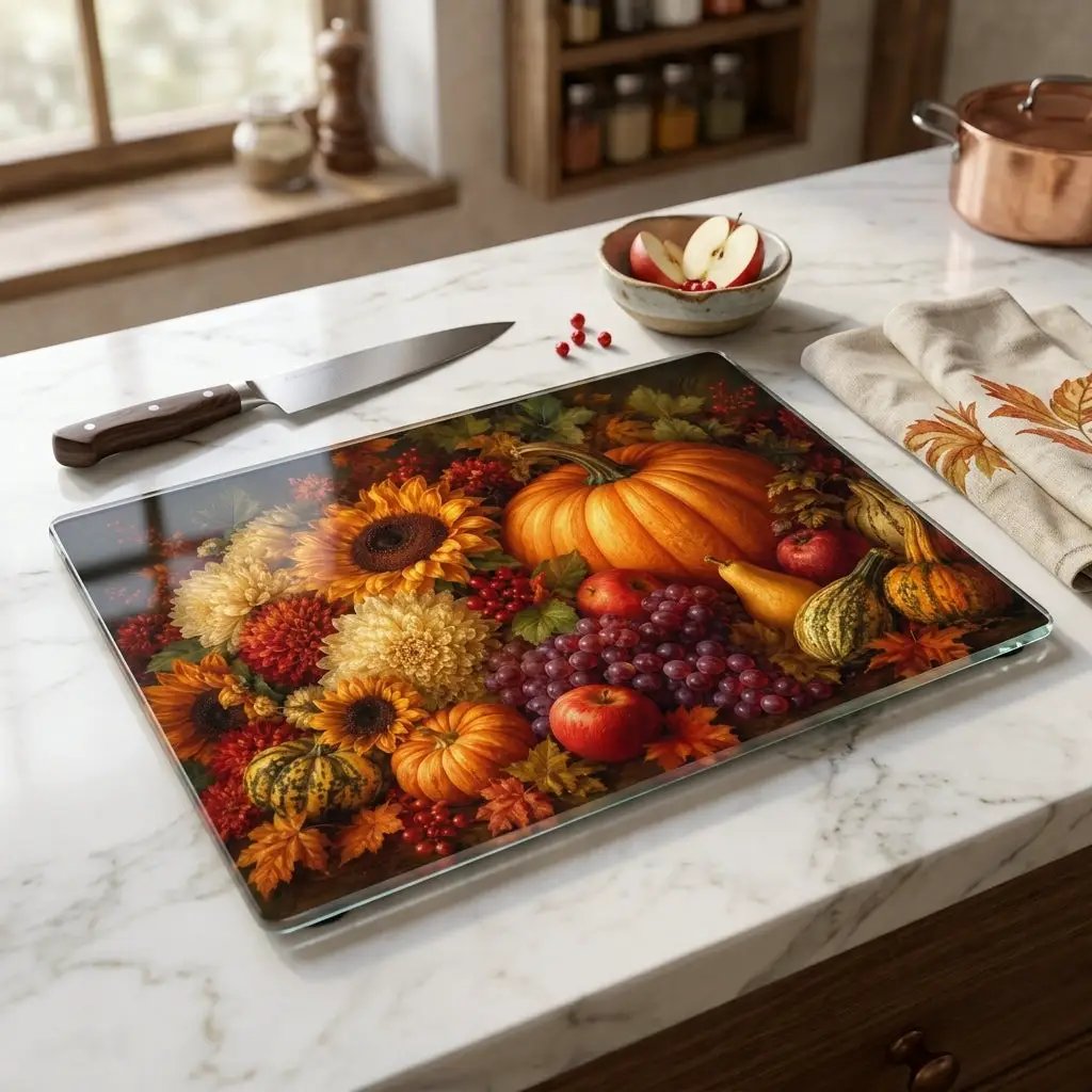 Fall Glass Cutting Board, Pumpkin Sunflower Kitchen Decor, Autumn Harvest Cutting Board, Thanksgiving Kitchen Gift