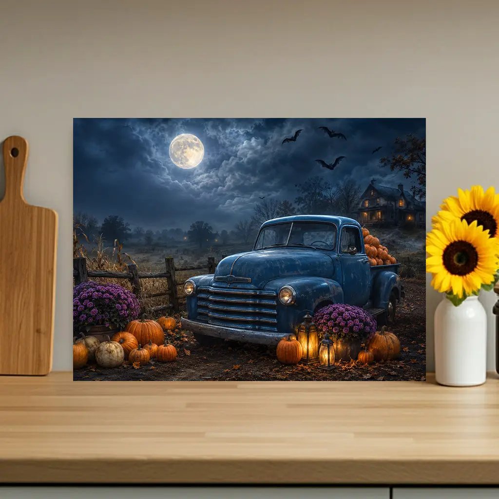 Vintage Blue Truck Halloween Cutting Board, Pumpkin Glass Cutting Board, Haunted House Kitchen Decor, Spooky Farmhouse Halloween Decorumn Kitchen Gift