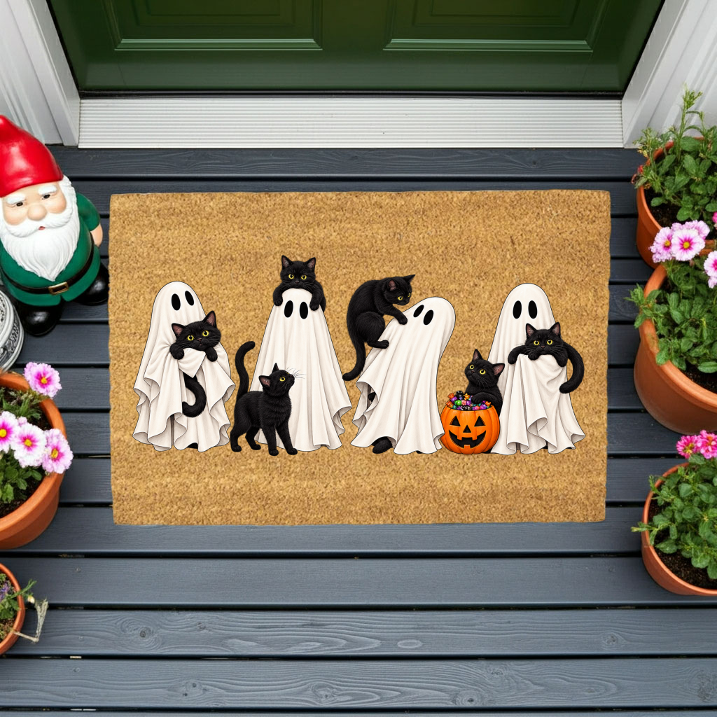 Halloween Black Cat Doormat, Cute Ghost Welcome Mat, Funny Cat Halloween Decor, Spooky Fall Porch Decor, Cat Lover Gift, Coir Door Mat