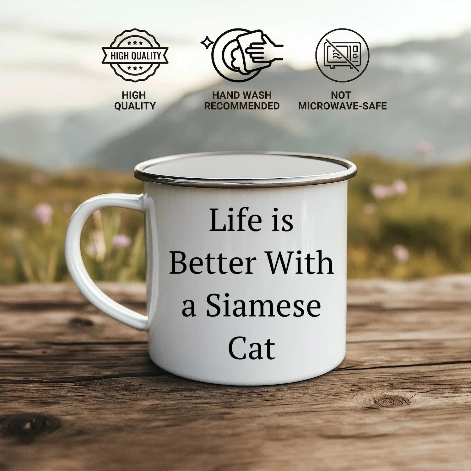 Funny Siamese Cat Camping Mugs, Life Is Better With A Siamese Cat Quote, Stainless Steel, Enamel Finish