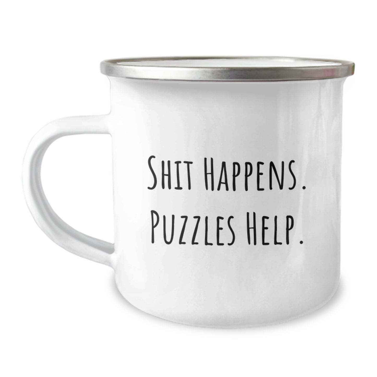 Funny Camping Mug Gifts for Puzzles Enthusiasts, Birthday Unique Presents from Friends to Family - 'Shit Happens. Puzzles Help.' - Image 1