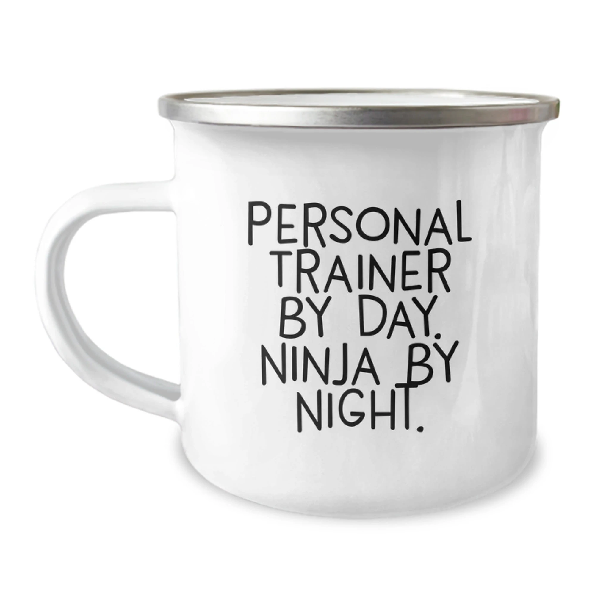 Unique Personal Trainer Gifts for Men, Funny Camping Mug, Christmas Unique Presents from Friends to Family, 'Personal Trainer By Day. Ninja By Night.' Enamel Mugs