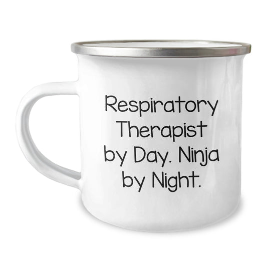 Funny Respiratory Therapist Gifts from Friends - Inspirational Camping Mug for Graduation - 'Respiratory Therapist By Day. Ninja By Night.' - Image 1