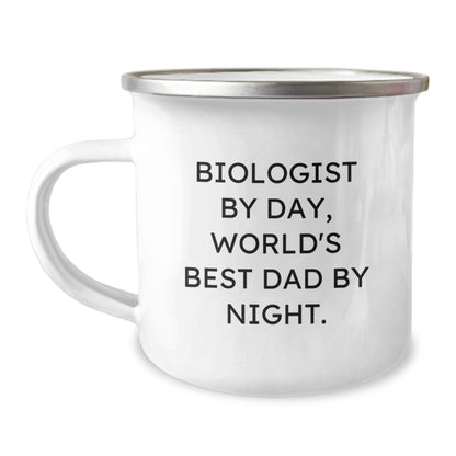 Funny Biologist Gifts for Men, World's Best Dad Camping Mug for Graduation, 'Biologist By Day, World's Best Dad By Night.' Quote, 12 oz Stainless Steel Mug - Image 1