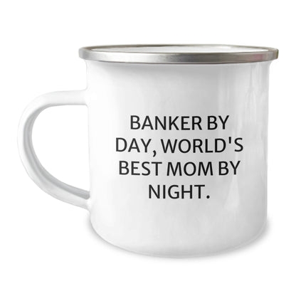 Funny Banker Gifts, Banker By Day, World's Best Mom By Night. Enamel Camping Mug for Birthday, Gifts from Family to Banker - Image 1