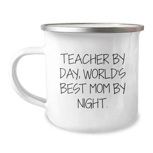 Teacher Gifts Funny Mugs By Day, World's Best Mom By Night Birthday Camping Mug, 12 oz Stainless Steel with Enamel Finish, Gifts from Mom to Teacher - Image 1