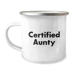 Funny Aunty Certified Gifts from Men to Women Unique Christmas Mugs, 'You're Older and Wiser, Aunty!' - Enamel Camping Mug, 12 oz, Perfect for Aunty's Birthday
