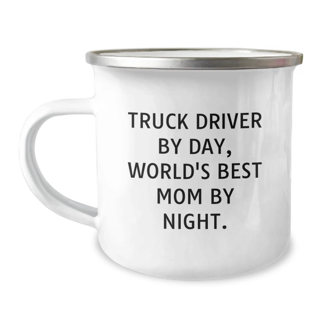 Truck Driver Gifts Unique - Funny Quote World's Best Mom Enamel Camping Mug for Birthday from Family - Image 1