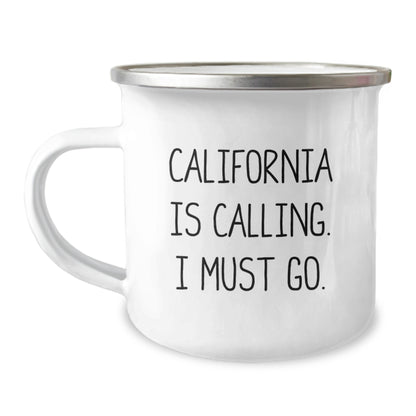 California Camping Mug - 'California Is Calling. I Must Go.' Funny Quote, Gifts from Friends for Birthday, 12 oz Stainless Steel with Enamel Finish - Image 1