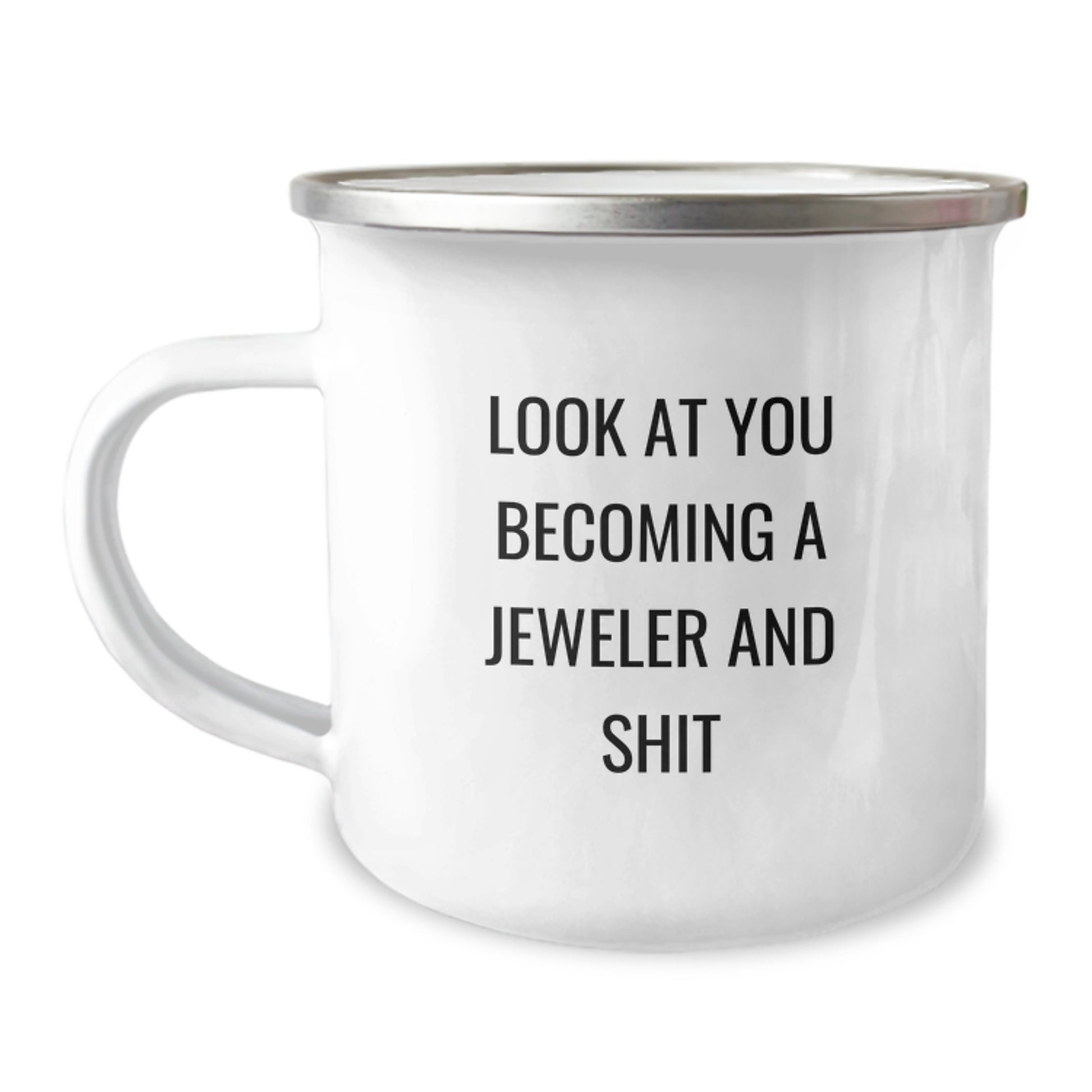 Gifts from Friends for Jeweler Becoming a Pro, Funny Camping Mug, 12 oz Stainless Steel, Enamel Finish - Image 1