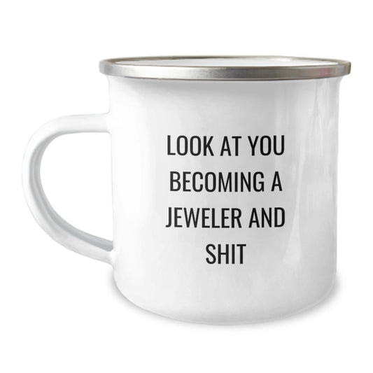 Gifts from Friends for Jeweler Becoming a Pro, Funny Camping Mug, 12 oz Stainless Steel, Enamel Finish - Image 1