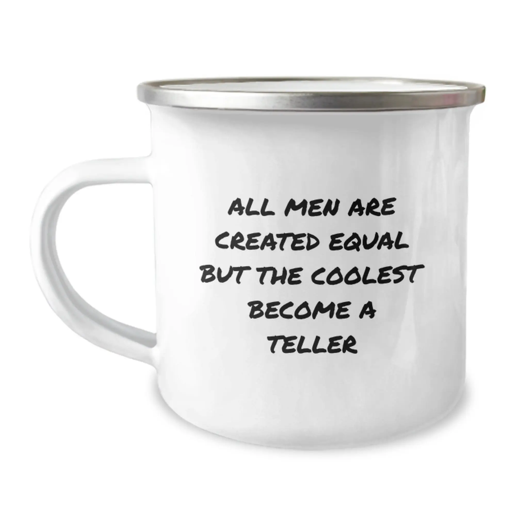 Novelty Camping Mug for Friends Birthday Gift – Equal Men Coolest Teller - Image 1