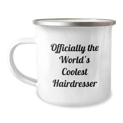 Funny Hairdresser Gifts from Friends for Graduation, Officially The World's Coolest Hairdresser Camping Mug, 12 oz Stainless Steel, Hand Wash Only - Image 1