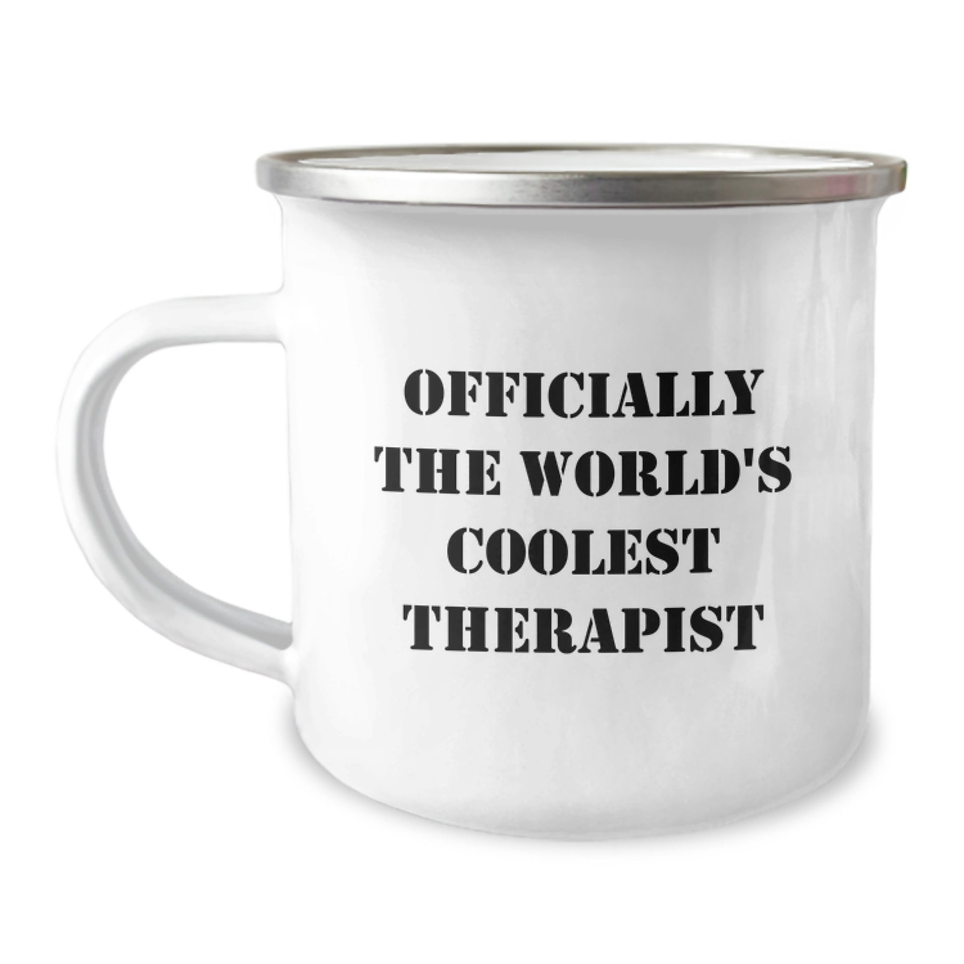 Funny Gifts from Friends for Officially The World's Coolest Therapist Graduation Unique Gifts, Camping Mug for Men or Women, 12 oz Stainless Steel with Enamel Finish - Image 1