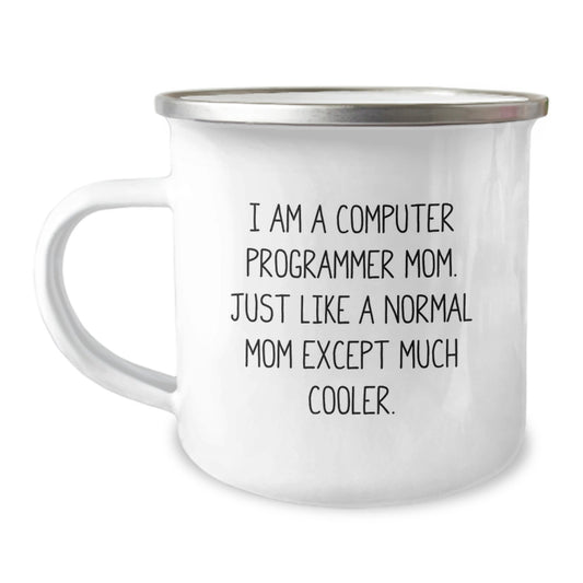 Computer Programmer Mom's Funny Camping Mug, Gifts from Friends for Graduation, Enamel Finish, 12 oz Capacity - Image 1