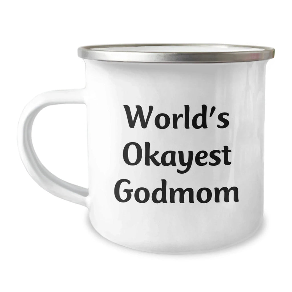 Funny Godmom Gifts from Family - World's Okayest Godmom Camping Mug, Unique Christmas