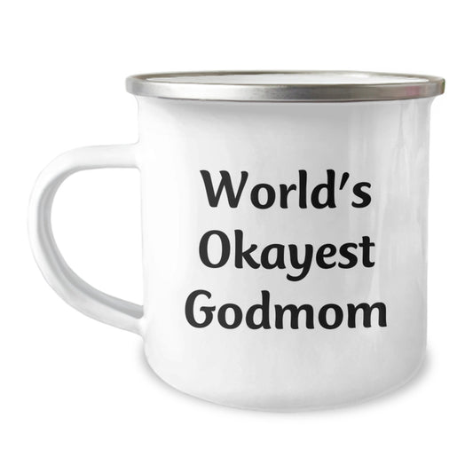 Funny Godmom Gifts from Family - World's Okayest Godmom Camping Mug, Unique Christmas - Image 1