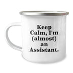 Funny Assistant Gifts from Friends for Graduation - Keep Calm I'm (almost) An Assistant. Camping Mug, 12 oz, Stainless Steel with Enamel Finish