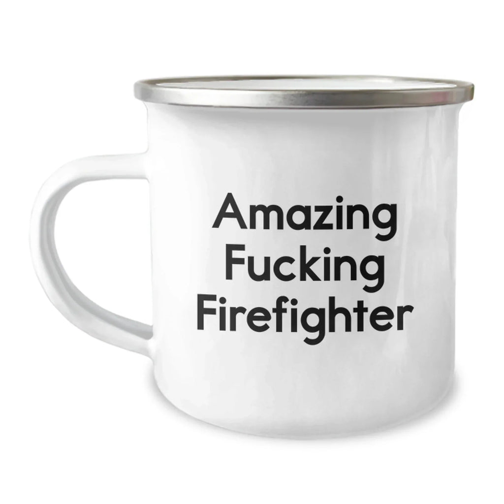 Funny Firefighter Gifts for Men, Camping Mug with 'Amazing F--king Firefighter' Quote, 12 oz Stainless Steel with Enamel Finish, Graduation Unique Gifts from Family