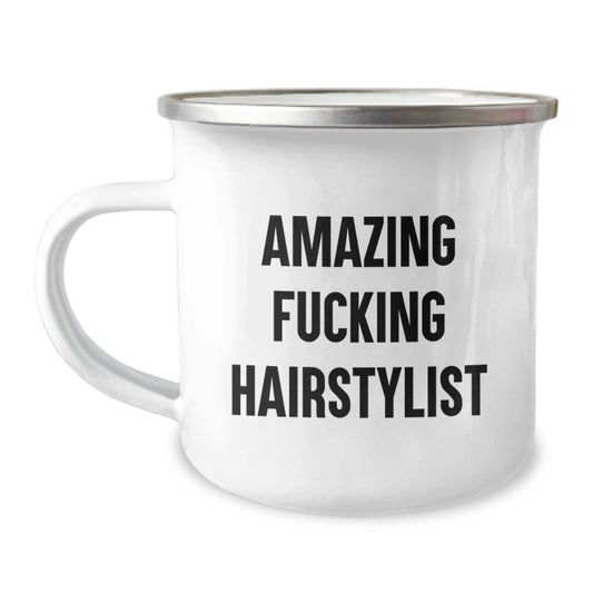 Hairstylist Gifts from Men Funny Camping Mug for Graduation 'Amazing F--king Hairstylist' with Enamel Finish - Image 1