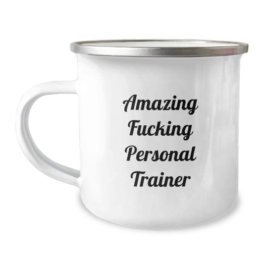 Funny Personal Trainer Camping Mug for Birthday Unique Gifts from Friends to Coworkers, 'Amazing F--king Personal Trainer' Quote, 12 oz Stainless Steel with Enamel Finish - Image 1