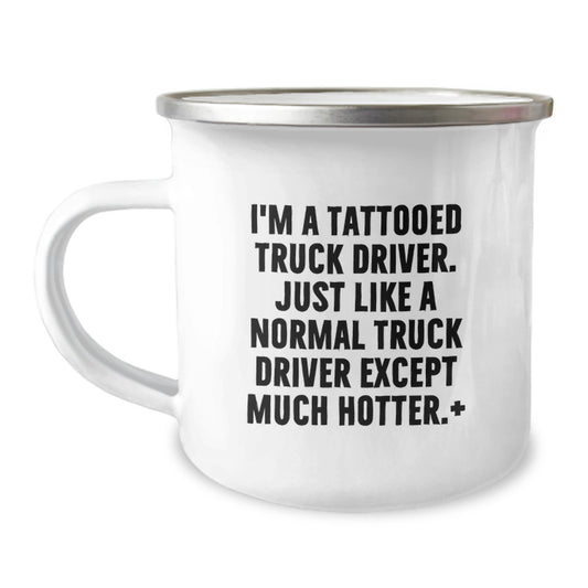 Truck Driver Christmas Unique Gifts for Men, Funny Tattooed Truck Driver Camping Mug with Enamel Finish - Image 1