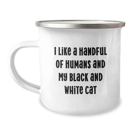 Funny Black and White Cat Gifts from Friends for Birthday Camping Mug - I Like A Handful Of Humans And My Black And White Cat - Image 1
